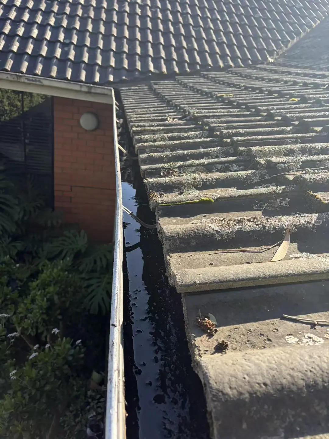 Water visible in a gutter channel beside concrete roof tiles during cleaning