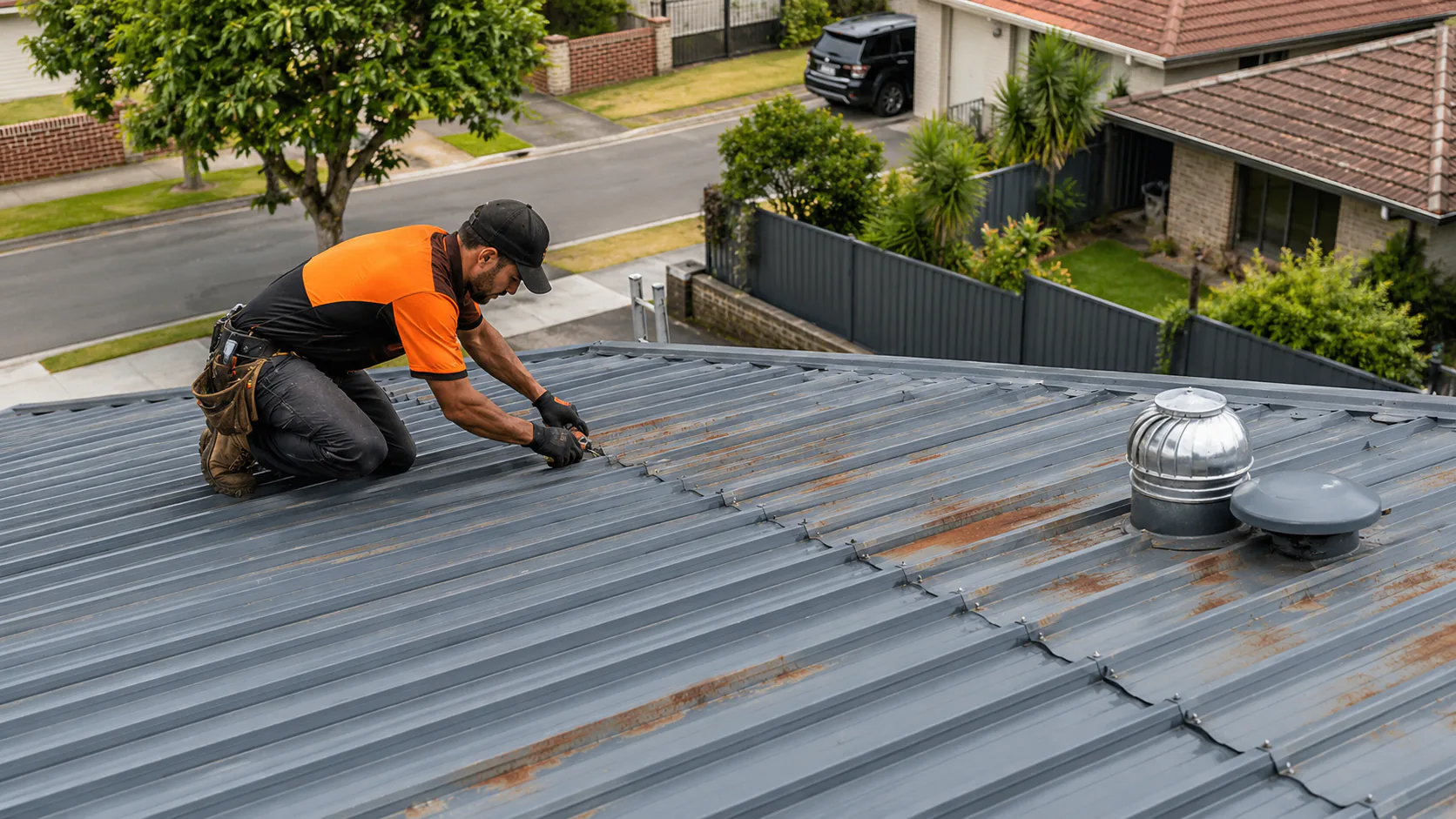 Illustrative service banner showing metal roof repair work