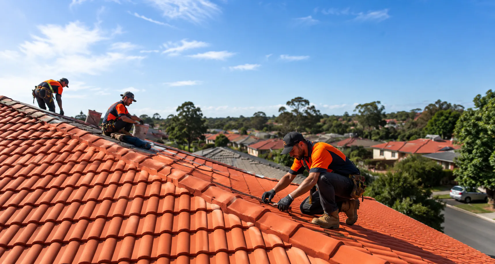 Illustrative service banner showing a tile roof restoration team