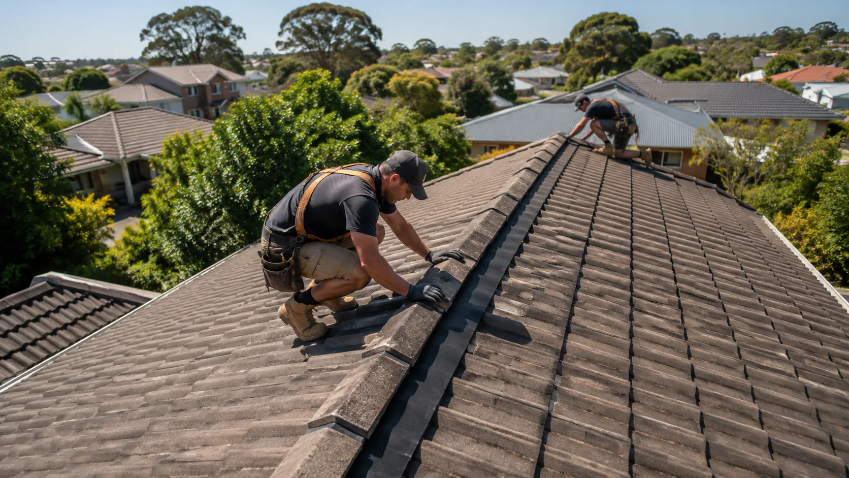Illustrative service banner showing inspection work on a tiled roof
